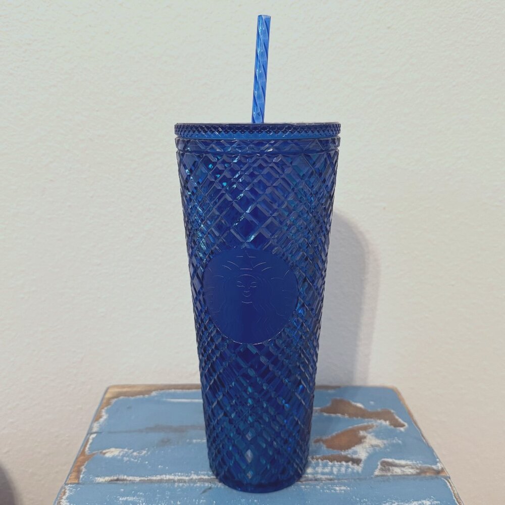Starbucks Jeweled Blue Plastic Cold Cup with Lid 24 Oz Venti